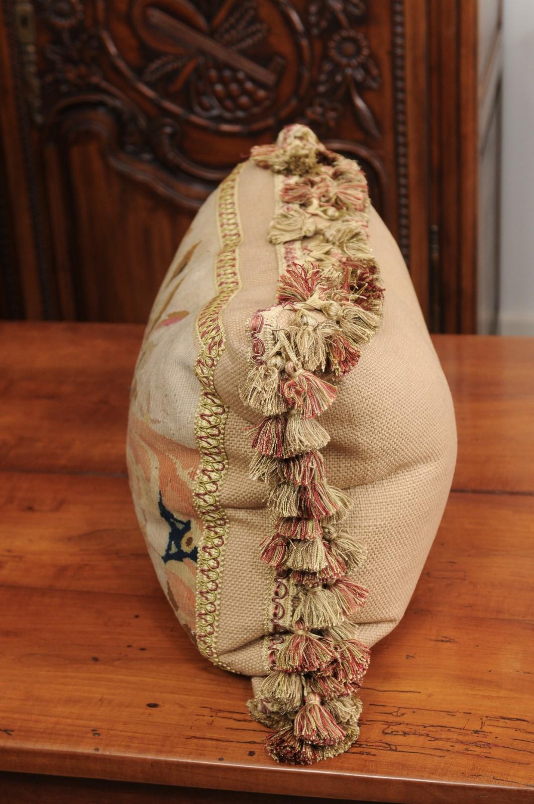 Pillow Made from a 19th Century French Tapestry with Floral Decor and Tassels For Sale 6