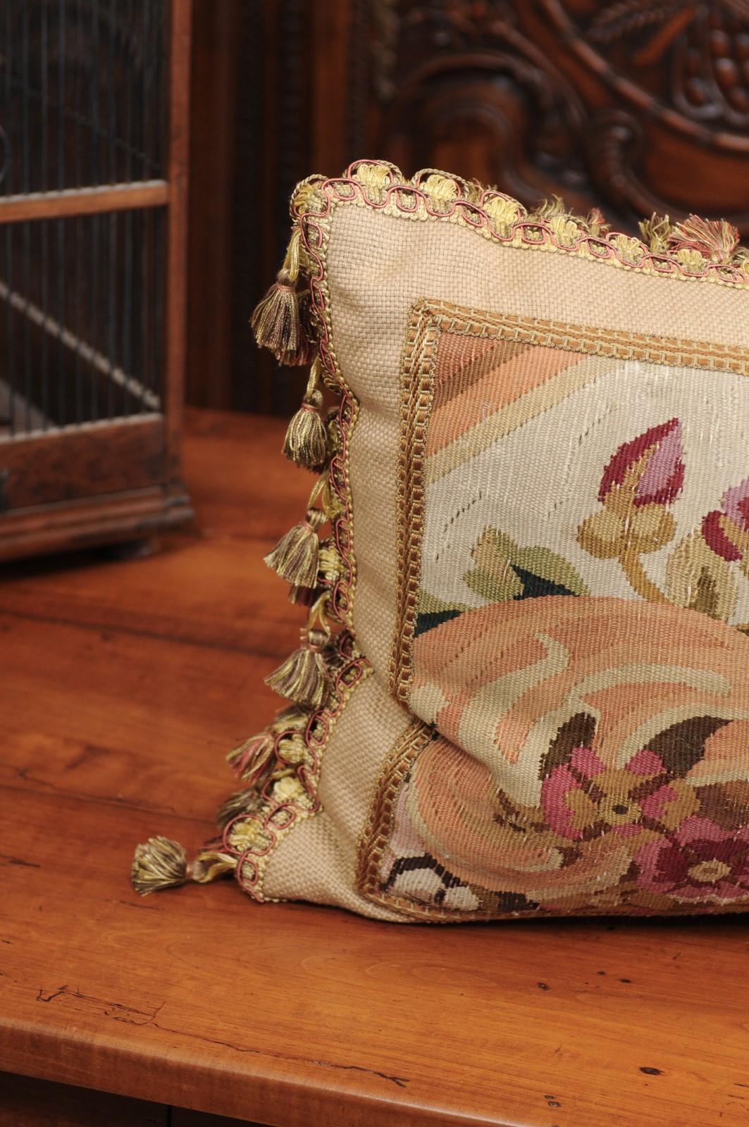 Pillow Made from a 19th Century French Tapestry with Floral Décor and Tassels For Sale 6