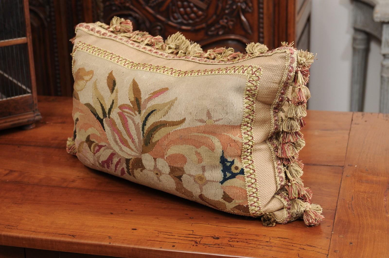 Pillow Made from a 19th Century French Tapestry with Floral Decor and Tassels For Sale 7