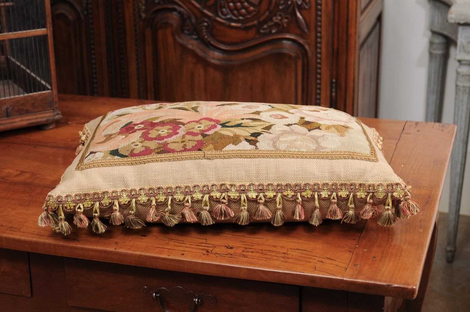 Pillow Made from a 19th Century French Tapestry with Floral Décor and Tassels For Sale 7