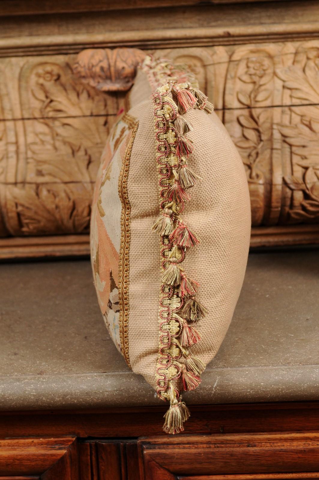 Pillow Made from a 19th Century French Tapestry with Floral Decor and Tassels For Sale 8