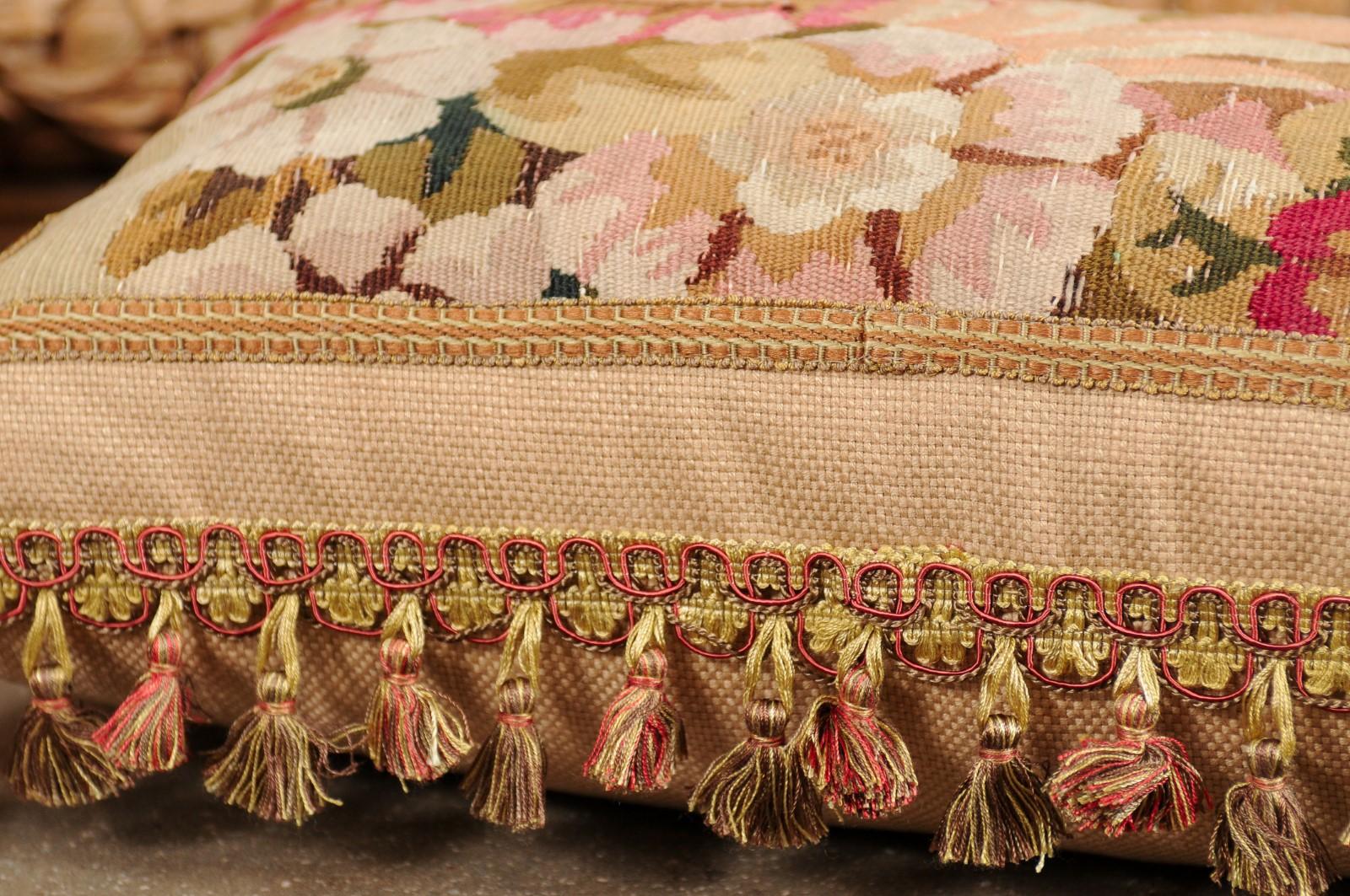 Pillow Made from a 19th Century French Tapestry with Floral Decor and Tassels For Sale 9