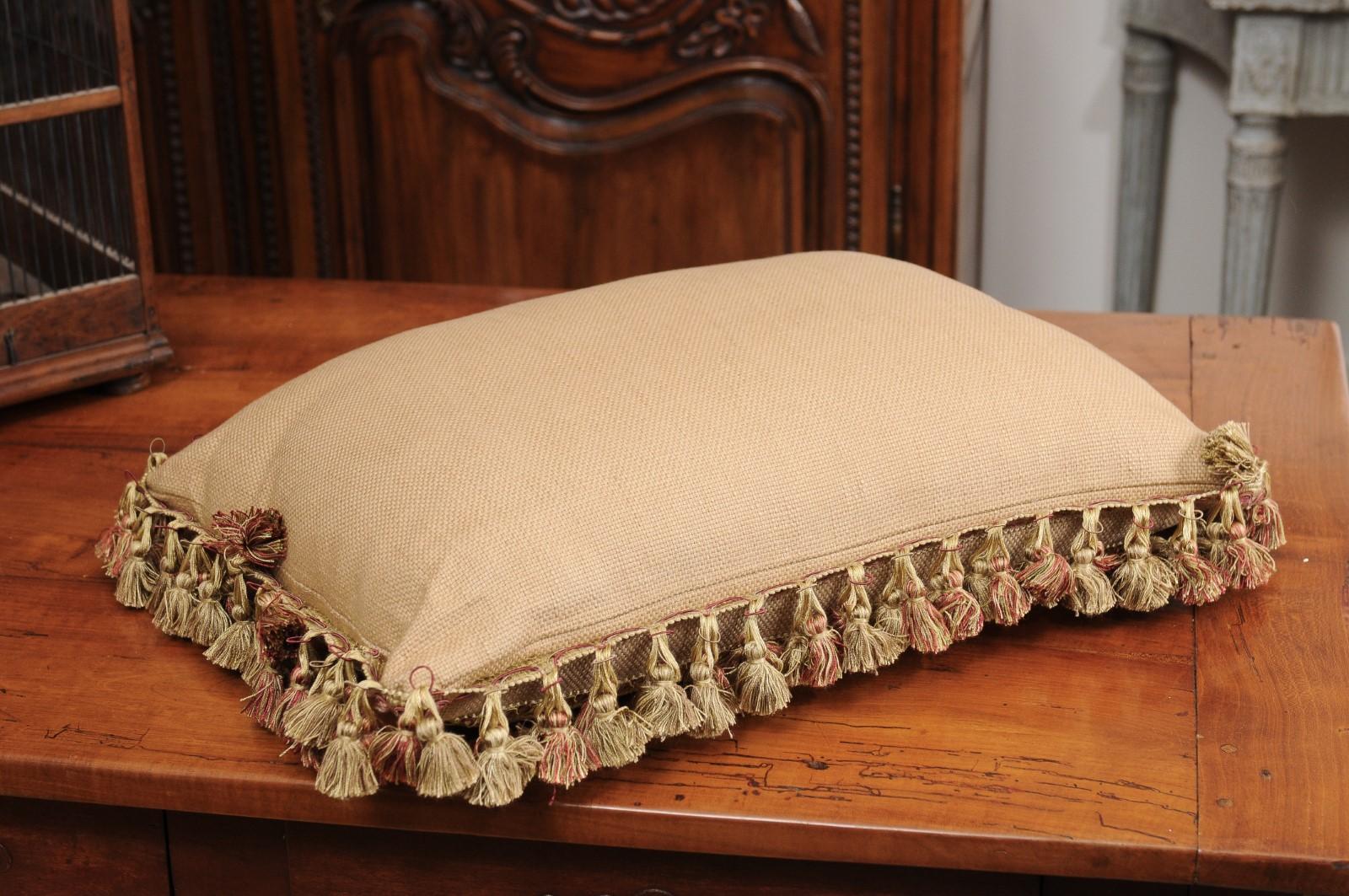 Woven Pillow Made from a 19th Century French Tapestry with Floral Decor and Tassels For Sale