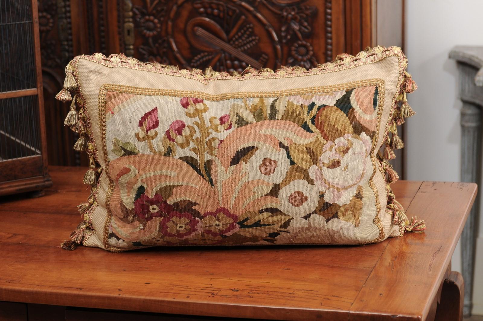 Woven Pillow Made from a 19th Century French Tapestry with Floral Décor and Tassels For Sale
