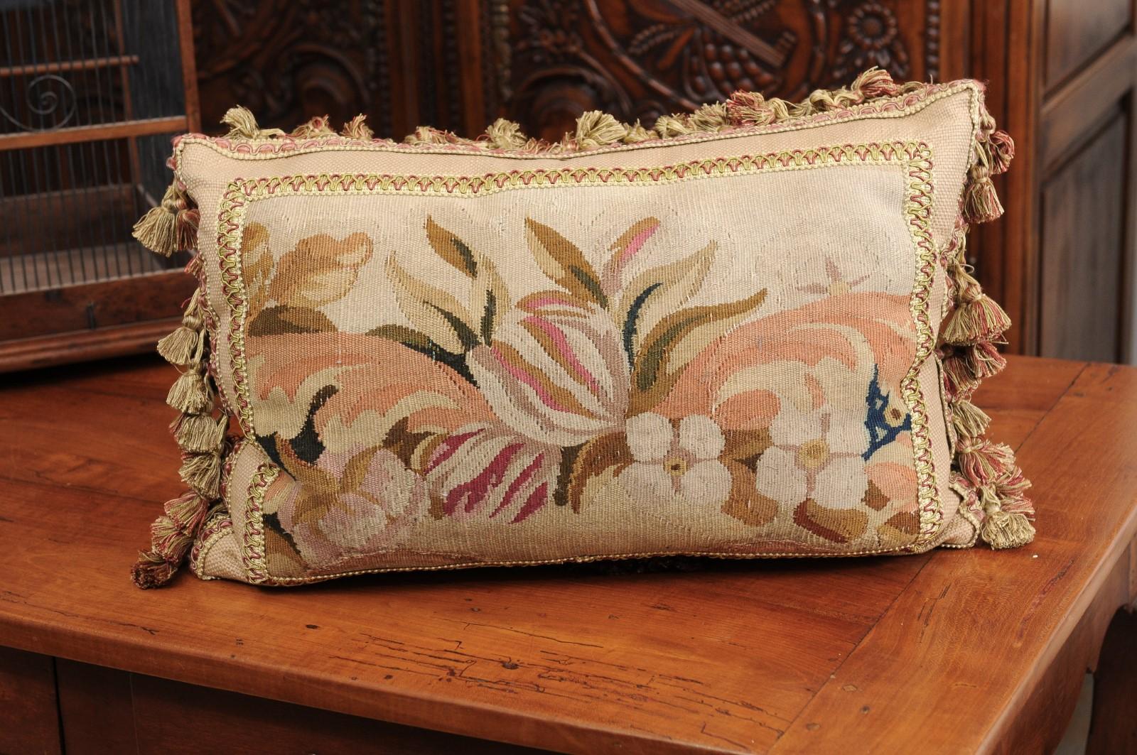 Pillow Made from a 19th Century French Tapestry with Floral Decor and Tassels In Good Condition For Sale In Atlanta, GA