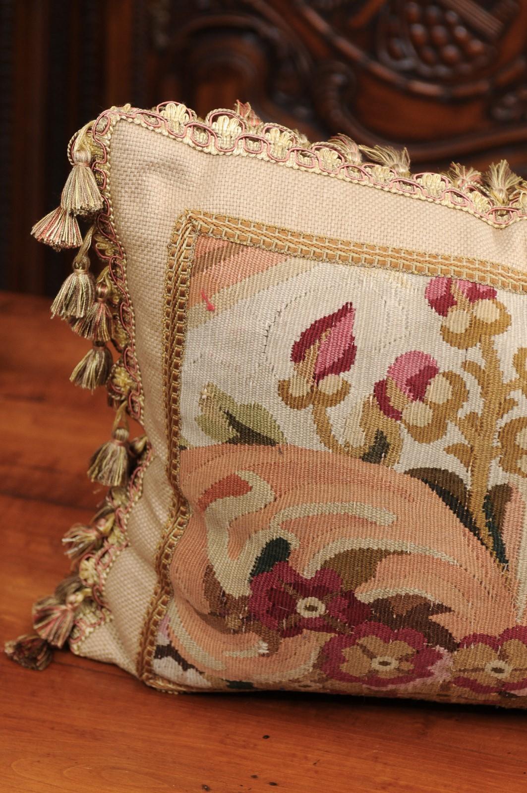 Pillow Made from a 19th Century French Tapestry with Floral Décor and Tassels In Good Condition For Sale In Atlanta, GA