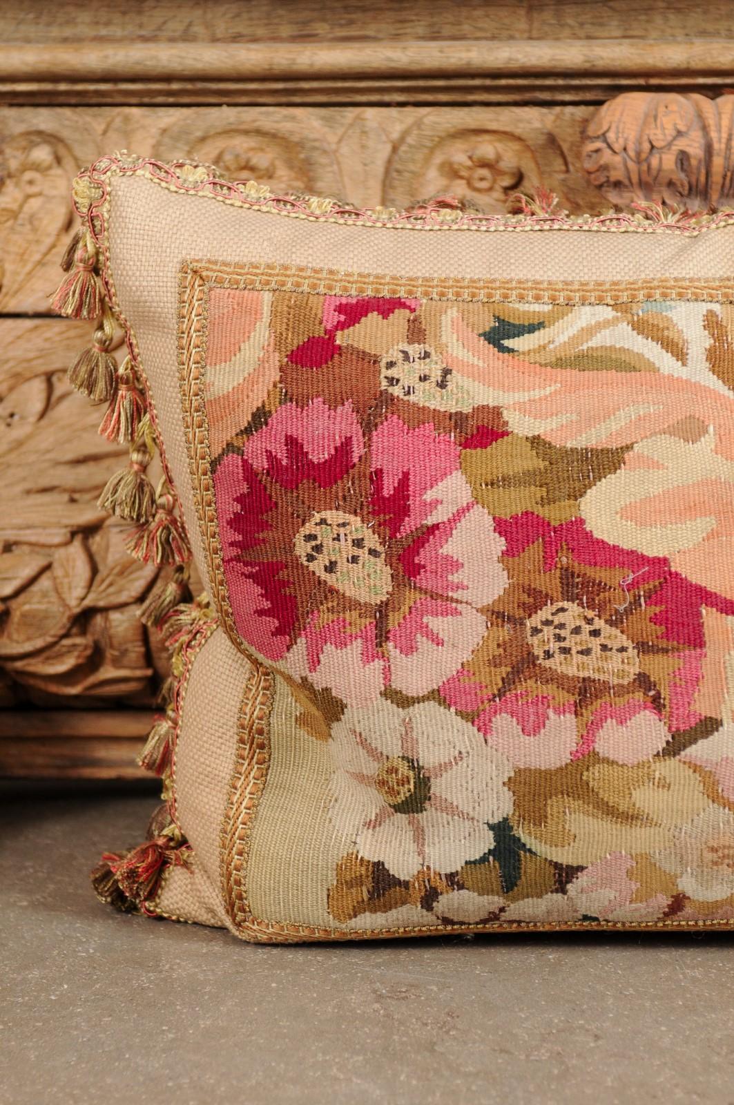 Pillow Made from a 19th Century French Tapestry with Floral Decor and Tassels In Good Condition For Sale In Atlanta, GA