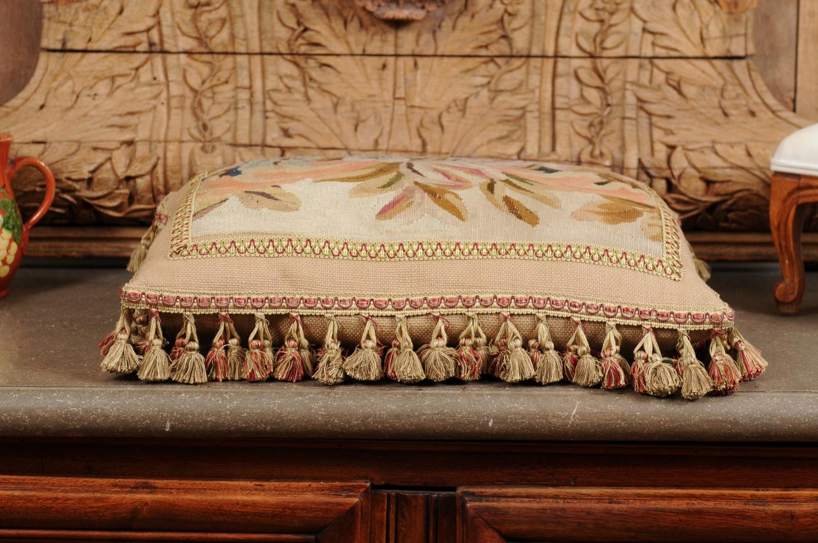 Pillow Made from a 19th Century French Tapestry with Floral Décor and Tassels In Good Condition For Sale In Atlanta, GA