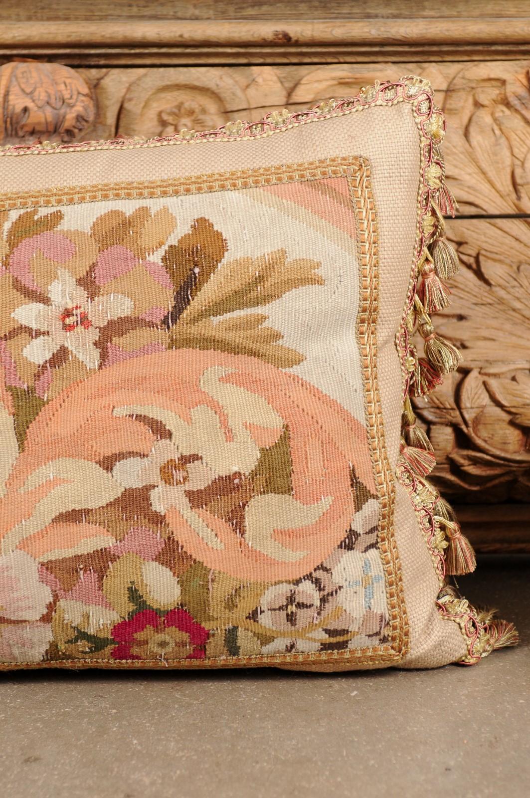Pillow Made from a 19th Century French Tapestry with Floral Decor and Tassels For Sale 1