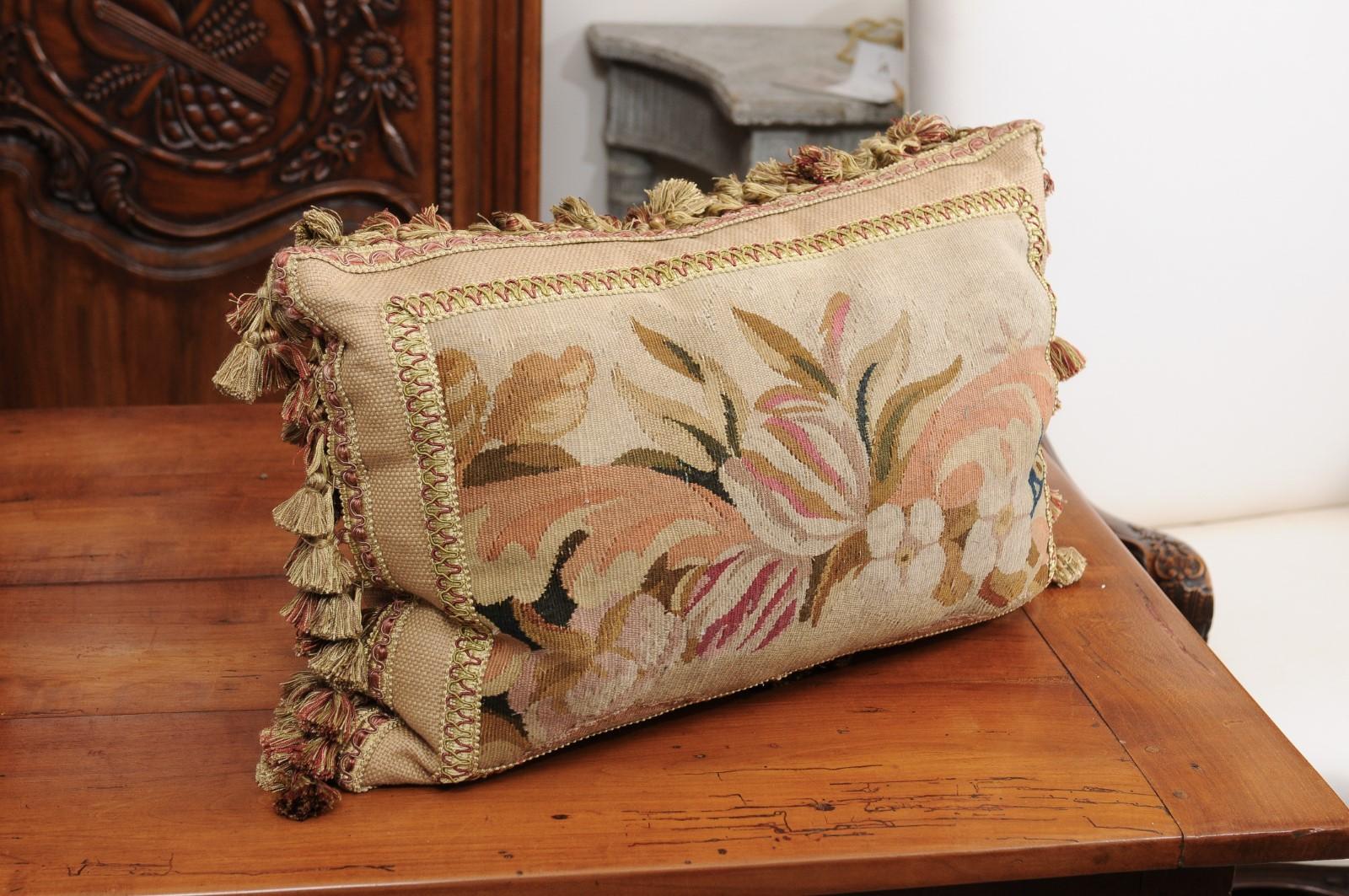 Pillow Made from a 19th Century French Tapestry with Floral Decor and Tassels For Sale 2