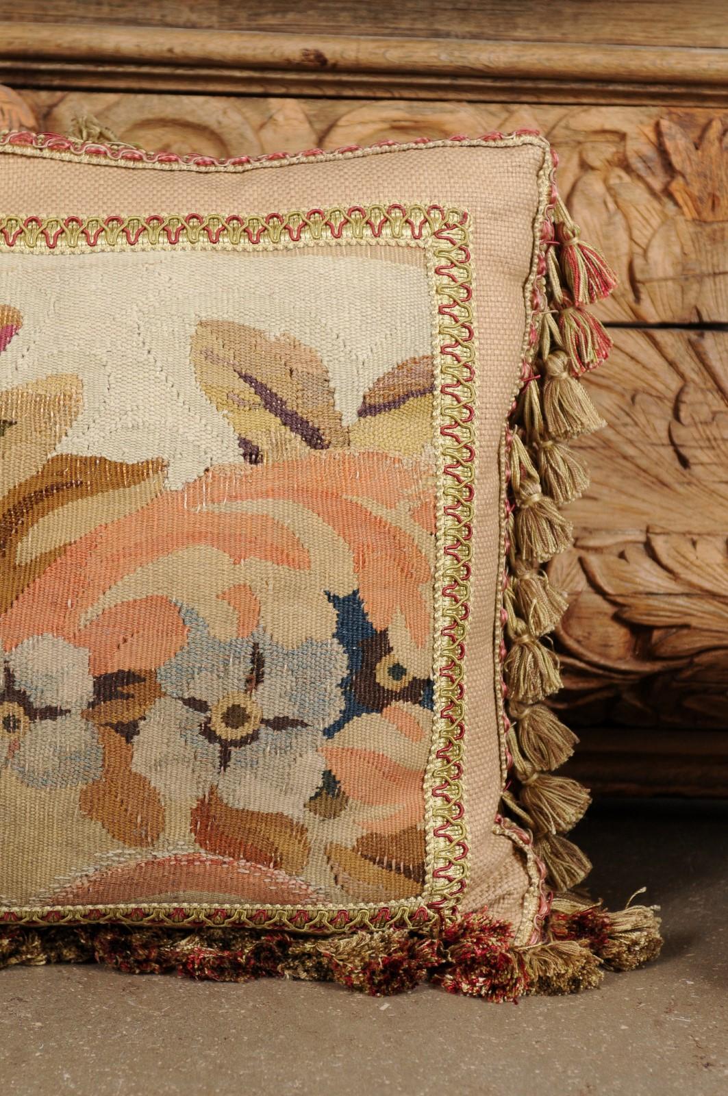 Pillow Made from a 19th Century French Tapestry with Floral Décor and Tassels For Sale 2