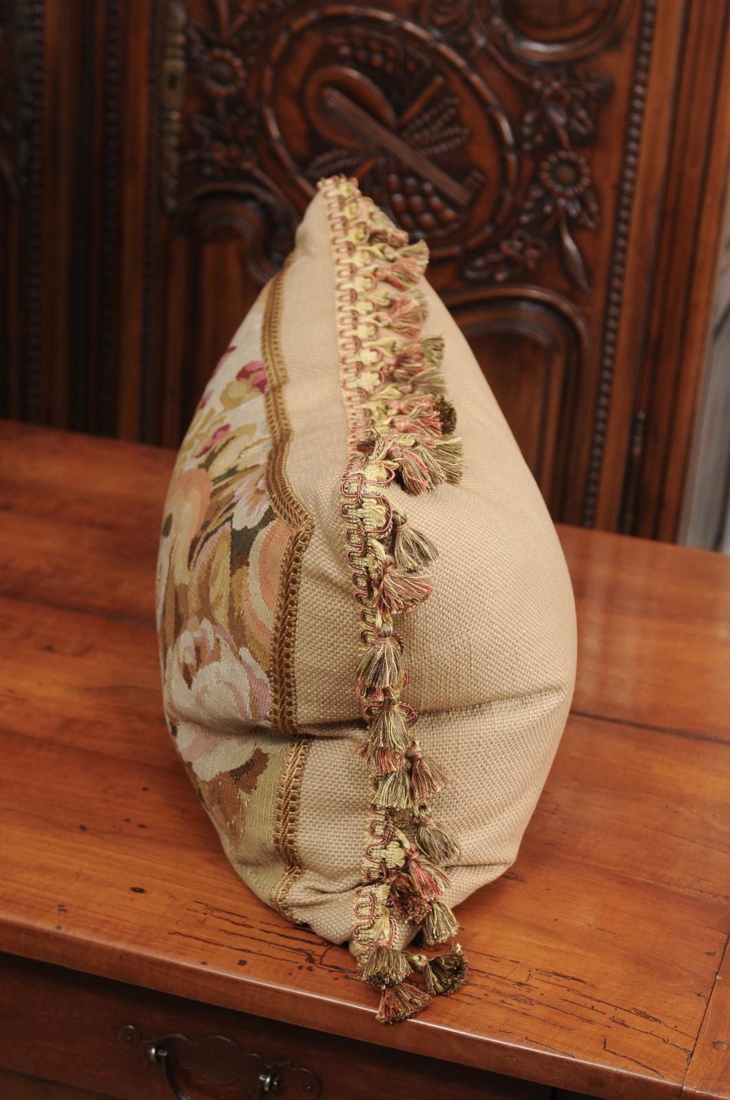 Pillow Made from a 19th Century French Tapestry with Floral Décor and Tassels For Sale 2