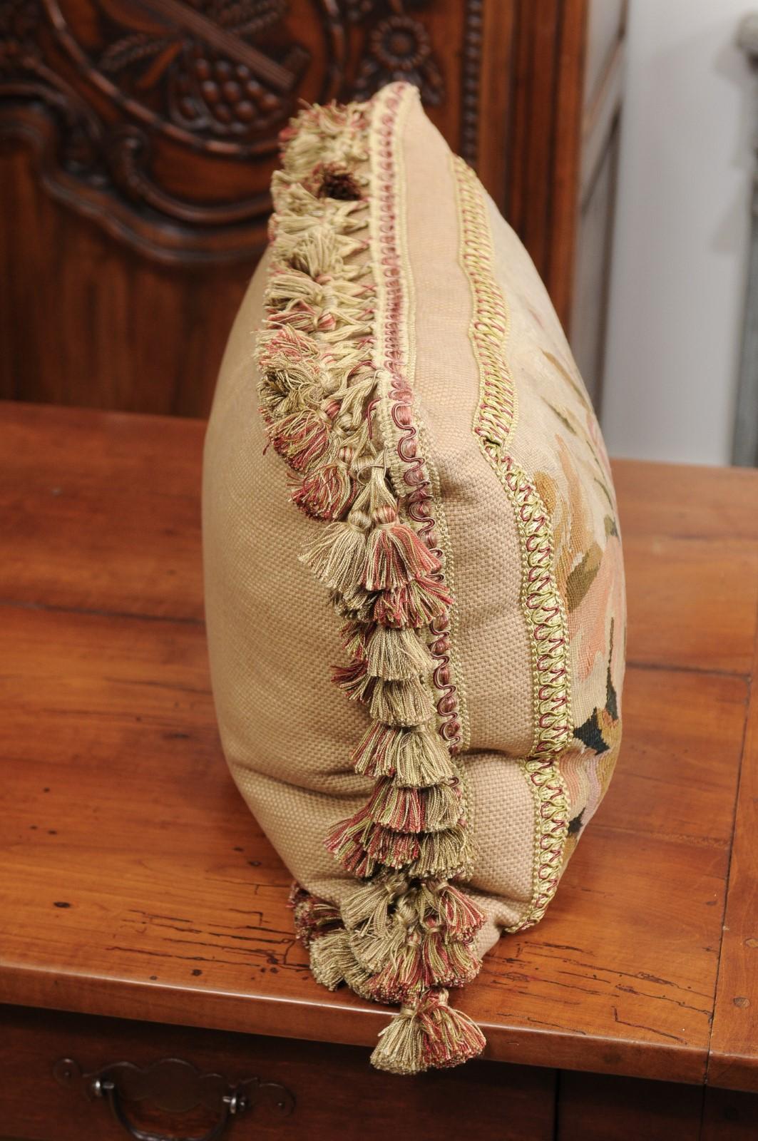 Pillow Made from a 19th Century French Tapestry with Floral Decor and Tassels For Sale 3