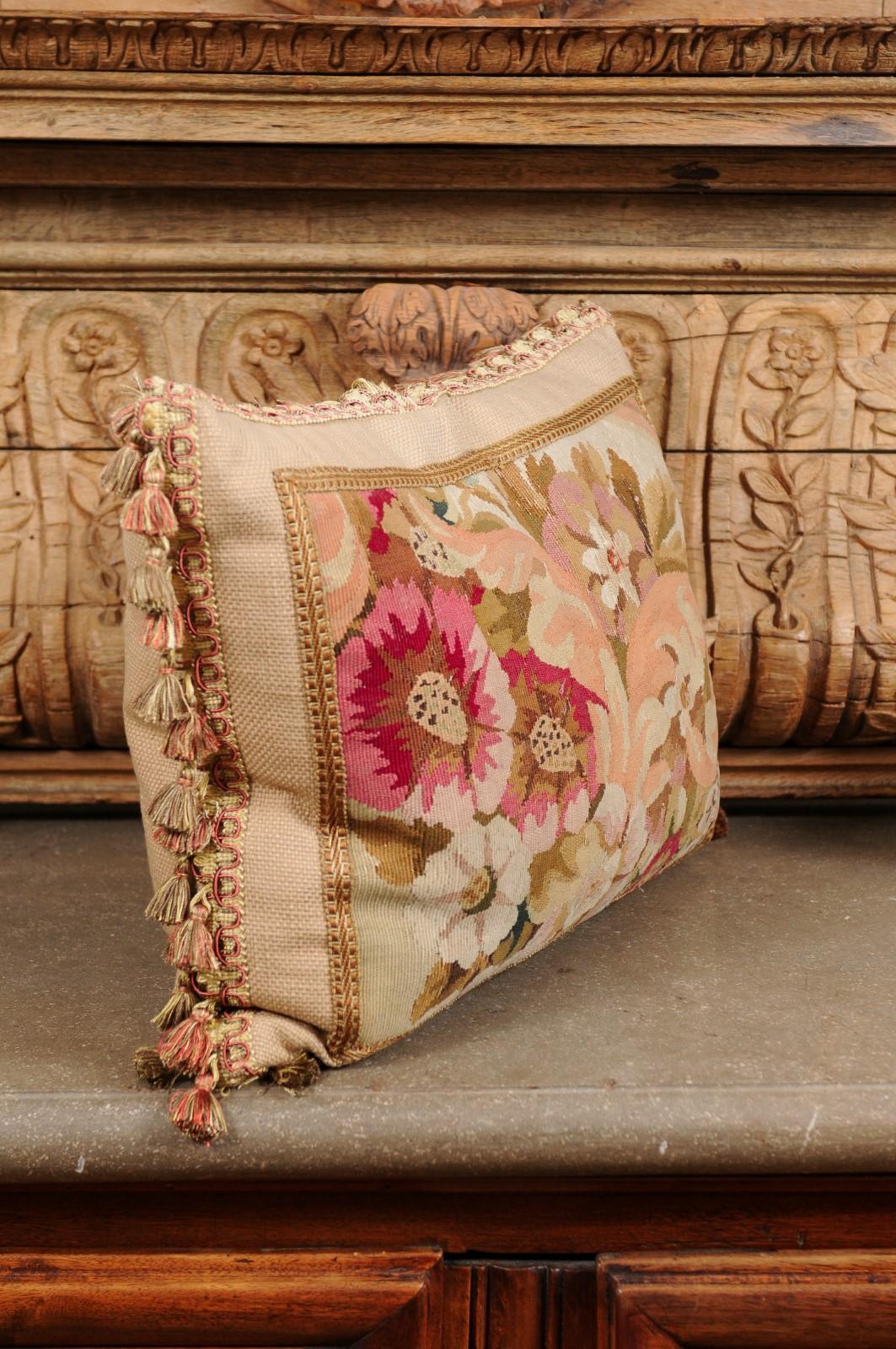 Pillow Made from a 19th Century French Tapestry with Floral Decor and Tassels For Sale 4