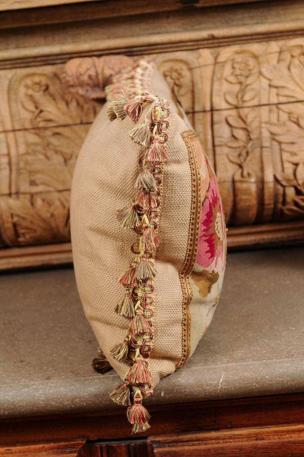 Pillow Made from a 19th Century French Tapestry with Floral Decor and Tassels For Sale 5