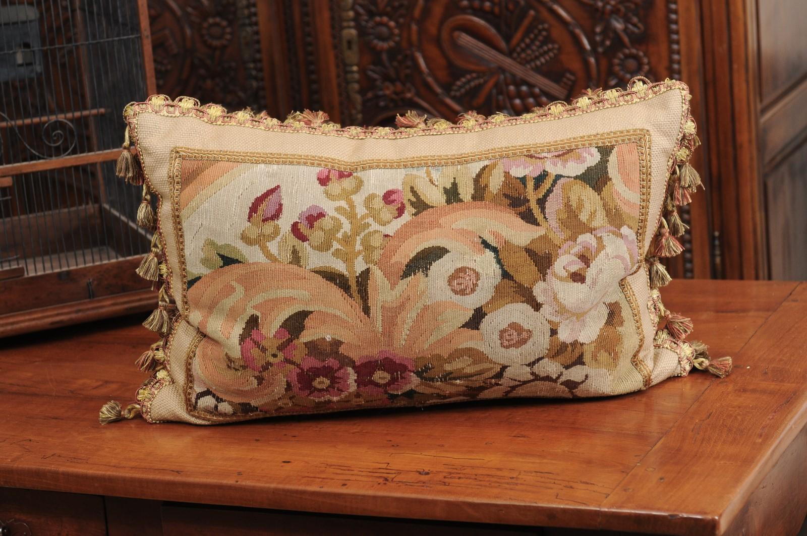 Pillow Made from a 19th Century French Tapestry with Floral Décor and Tassels For Sale 5