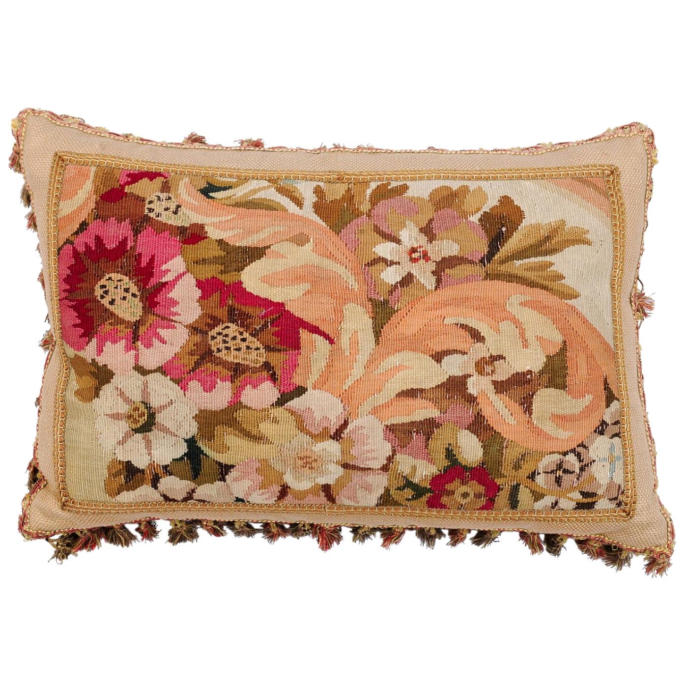 Pillow Made from a 19th Century French Tapestry with Floral Decor and Tassels For Sale