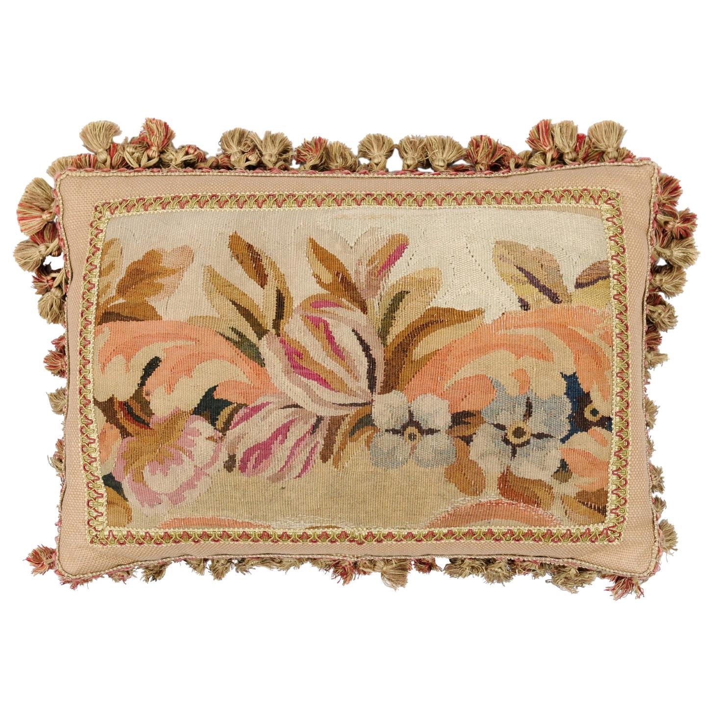 Pillow Made from a 19th Century French Tapestry with Floral Décor and Tassels For Sale