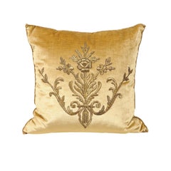 Pillow Made of Antique Ottoman Raised Gold Metallic Embroidery on Straw Velvet