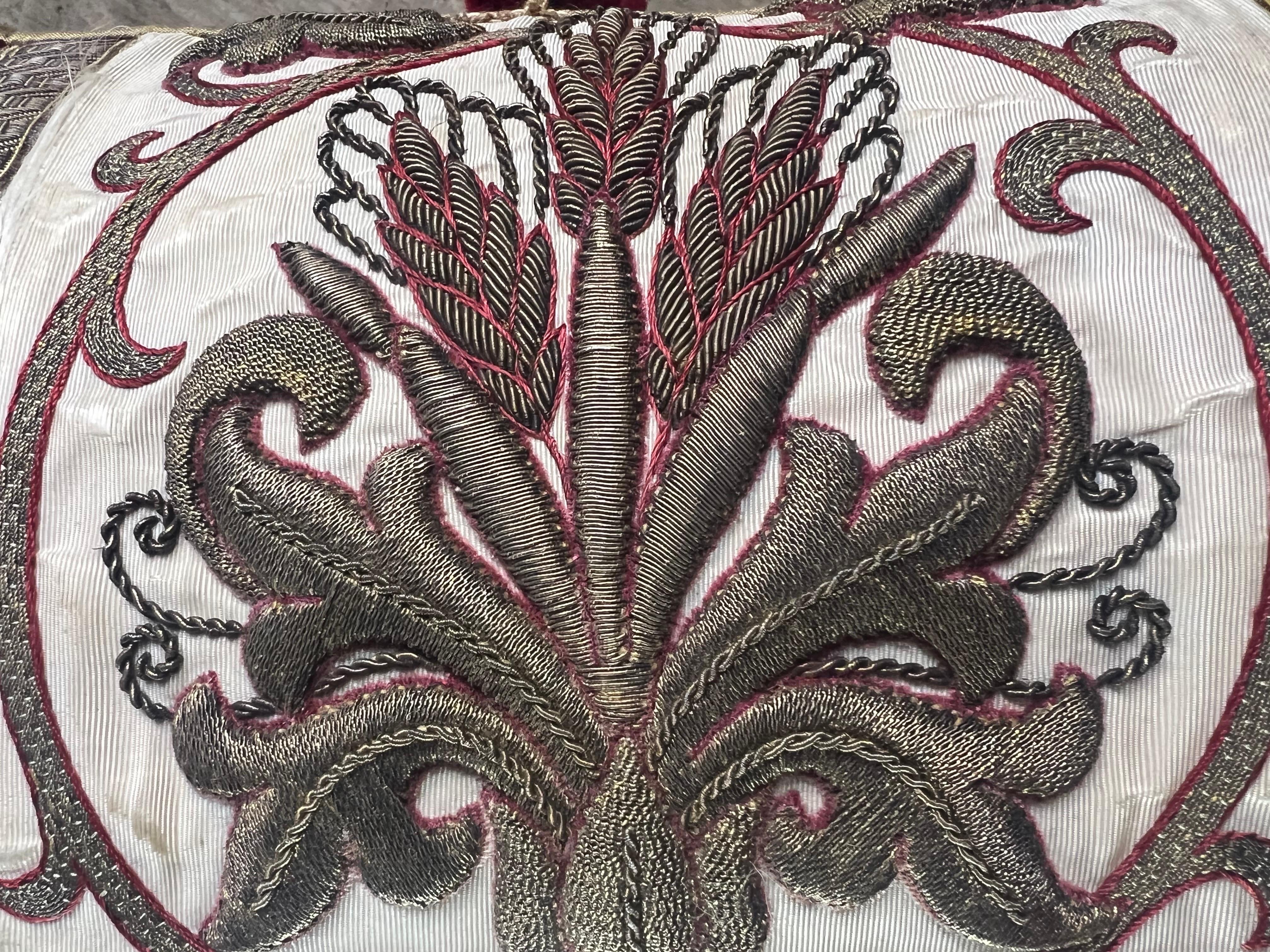 Pillow Made with 19th C. Gold Embroidered Silk by Melissa Levinson In Distressed Condition For Sale In Los Angeles, CA