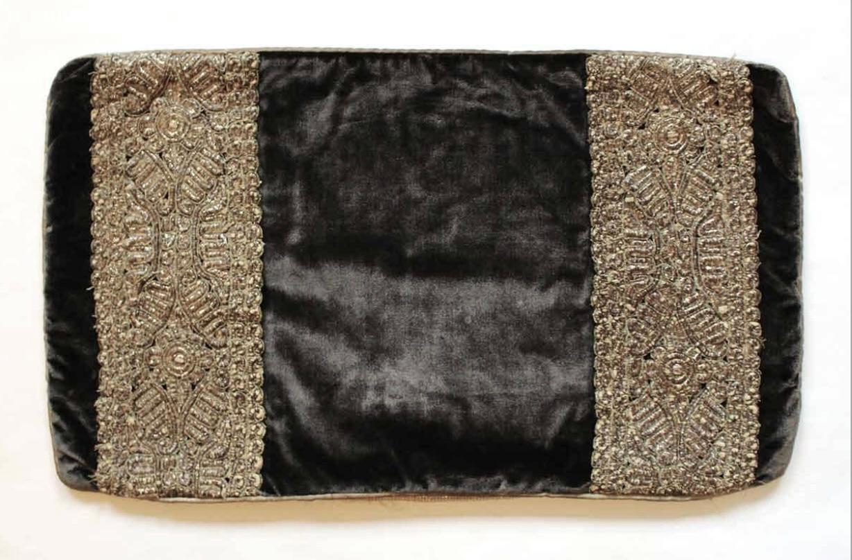 Art Deco Pillow of Antique Espresso Panné Silk Velvet With Silver Embroidered Panels For Sale