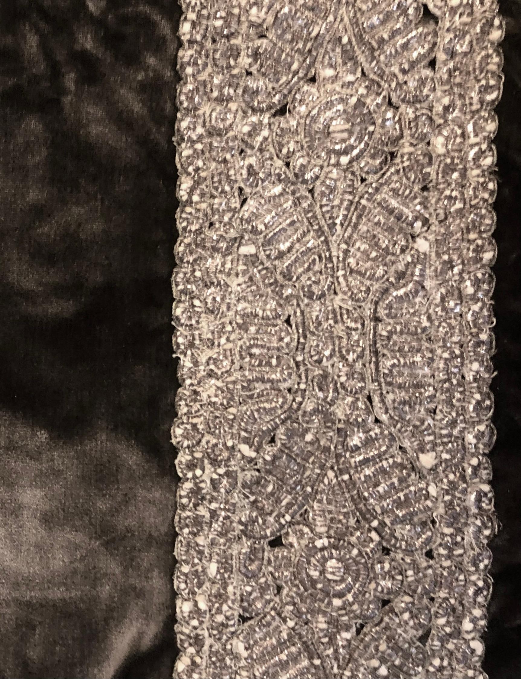 American Pillow of Antique Espresso Panné Silk Velvet With Silver Embroidered Panels For Sale