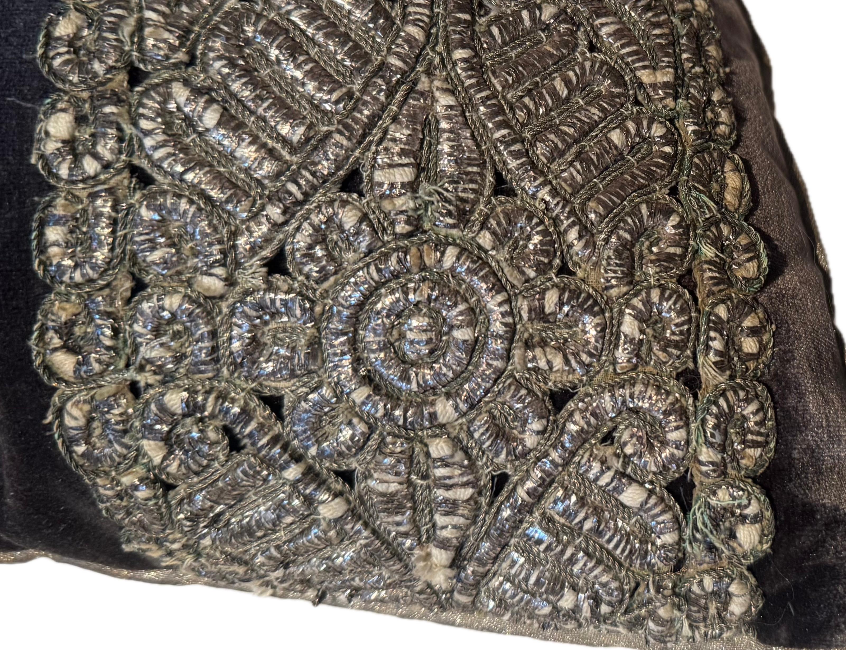 Appliqué Pillow of Antique Espresso Panné Silk Velvet With Silver Embroidered Panels For Sale