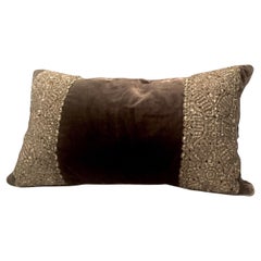 Pillow of Antique Espresso Panné Silk Velvet With Silver Embroidered Panels