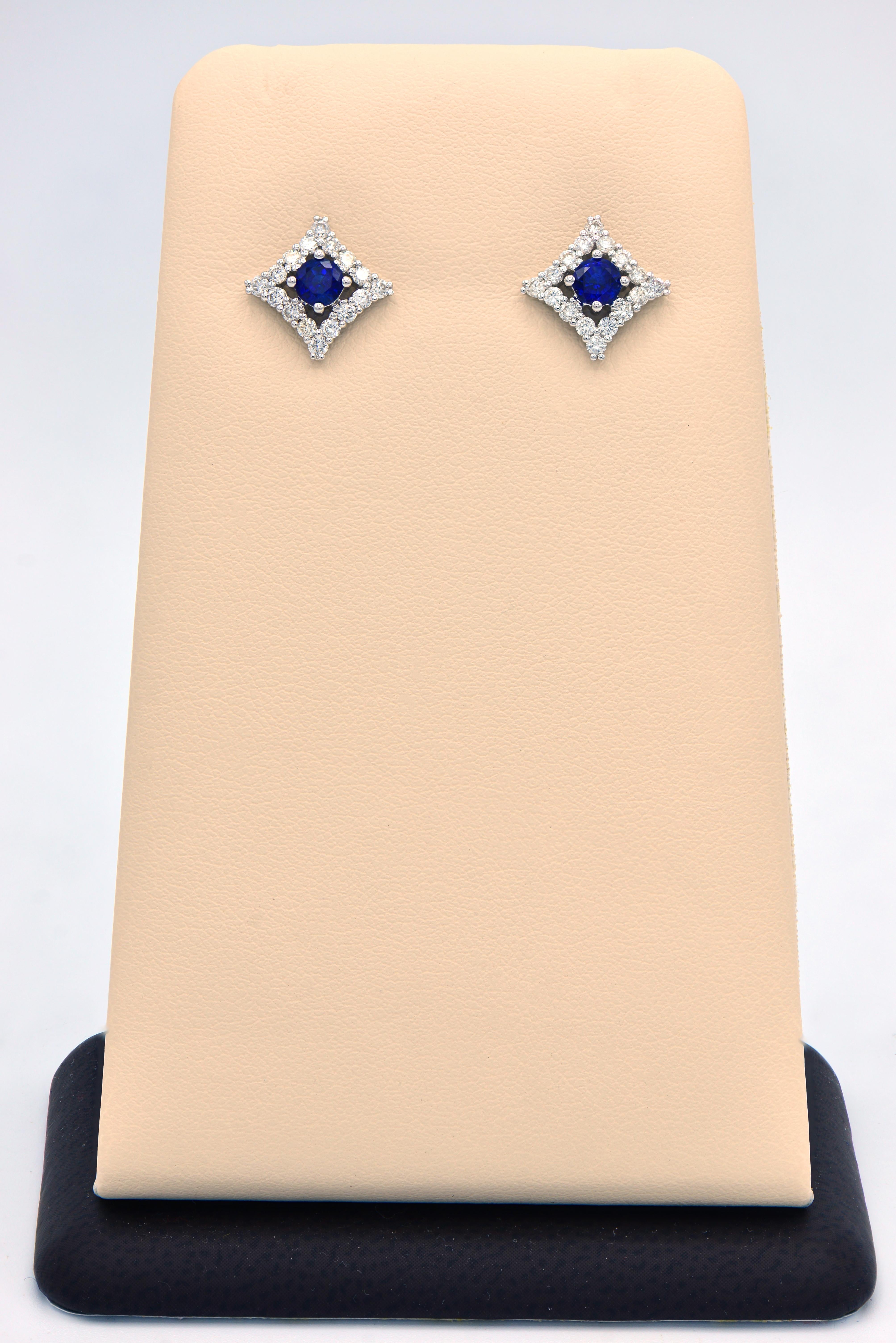 Round Cut Pillow Shaped Sapphire and Diamond Earrings For Sale