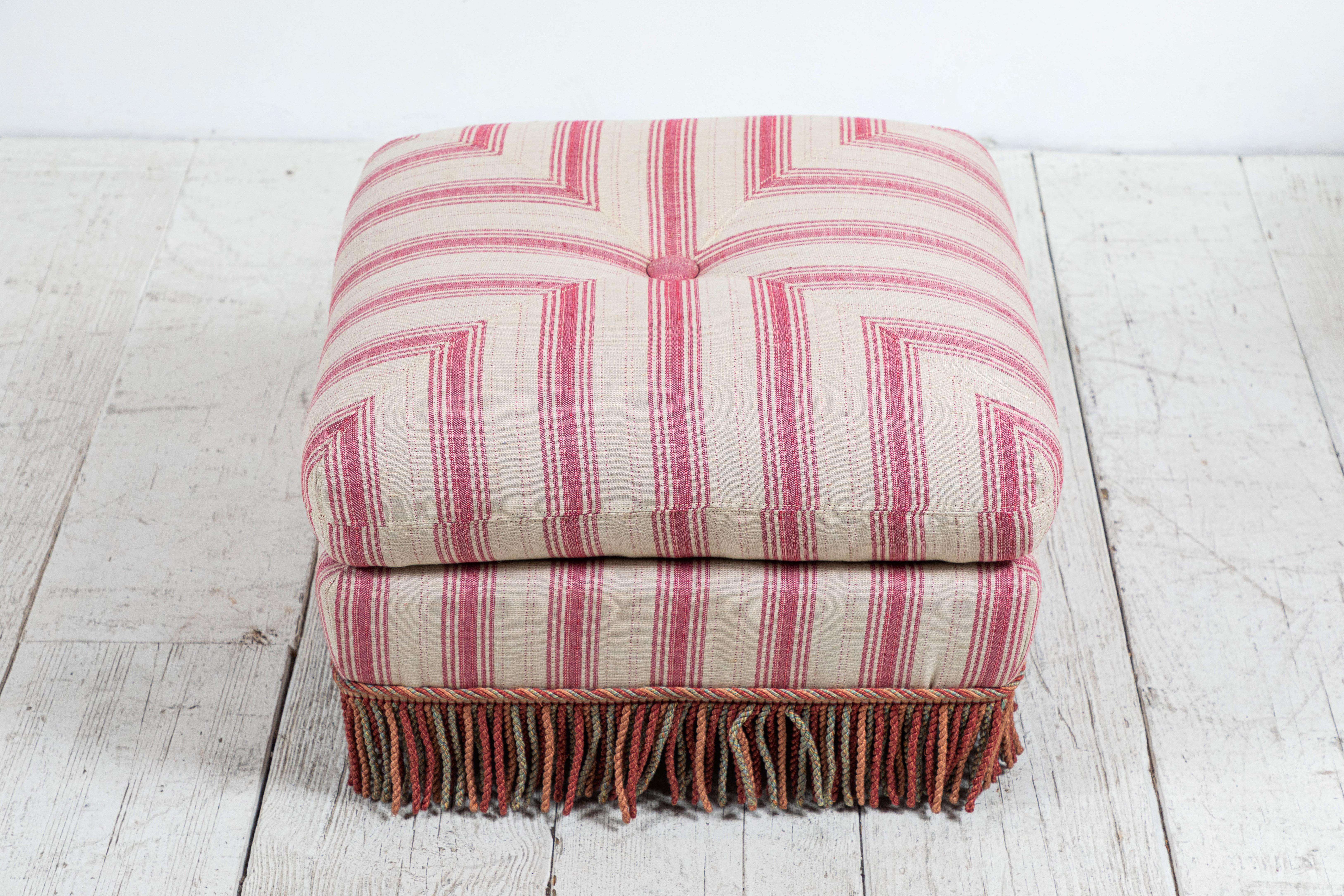 French Pillow Top Ottoman in Pink and Natural Striped Fabric with Fringe