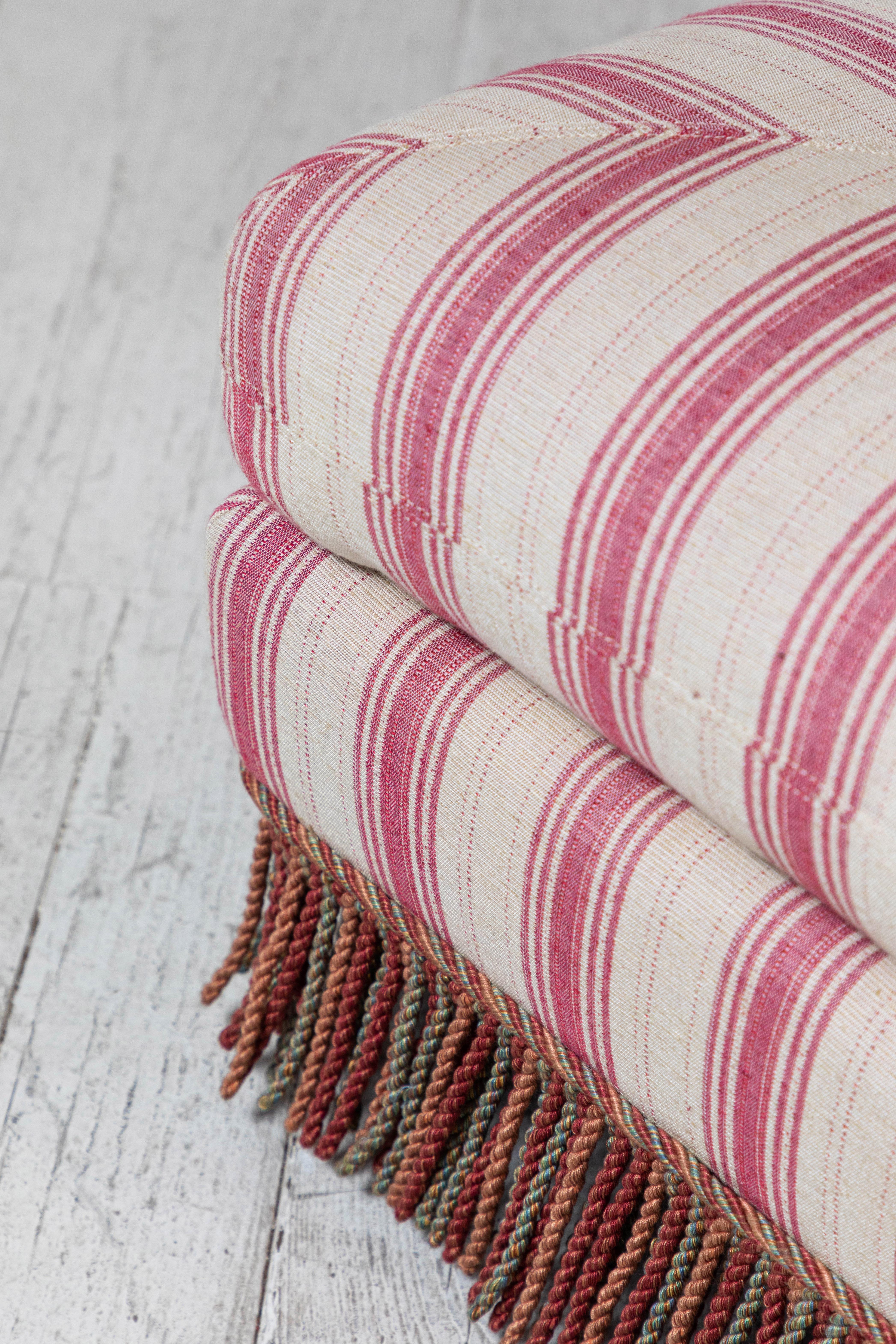 Pillow Top Ottoman in Pink and Natural Striped Fabric with Fringe In Good Condition In Los Angeles, CA