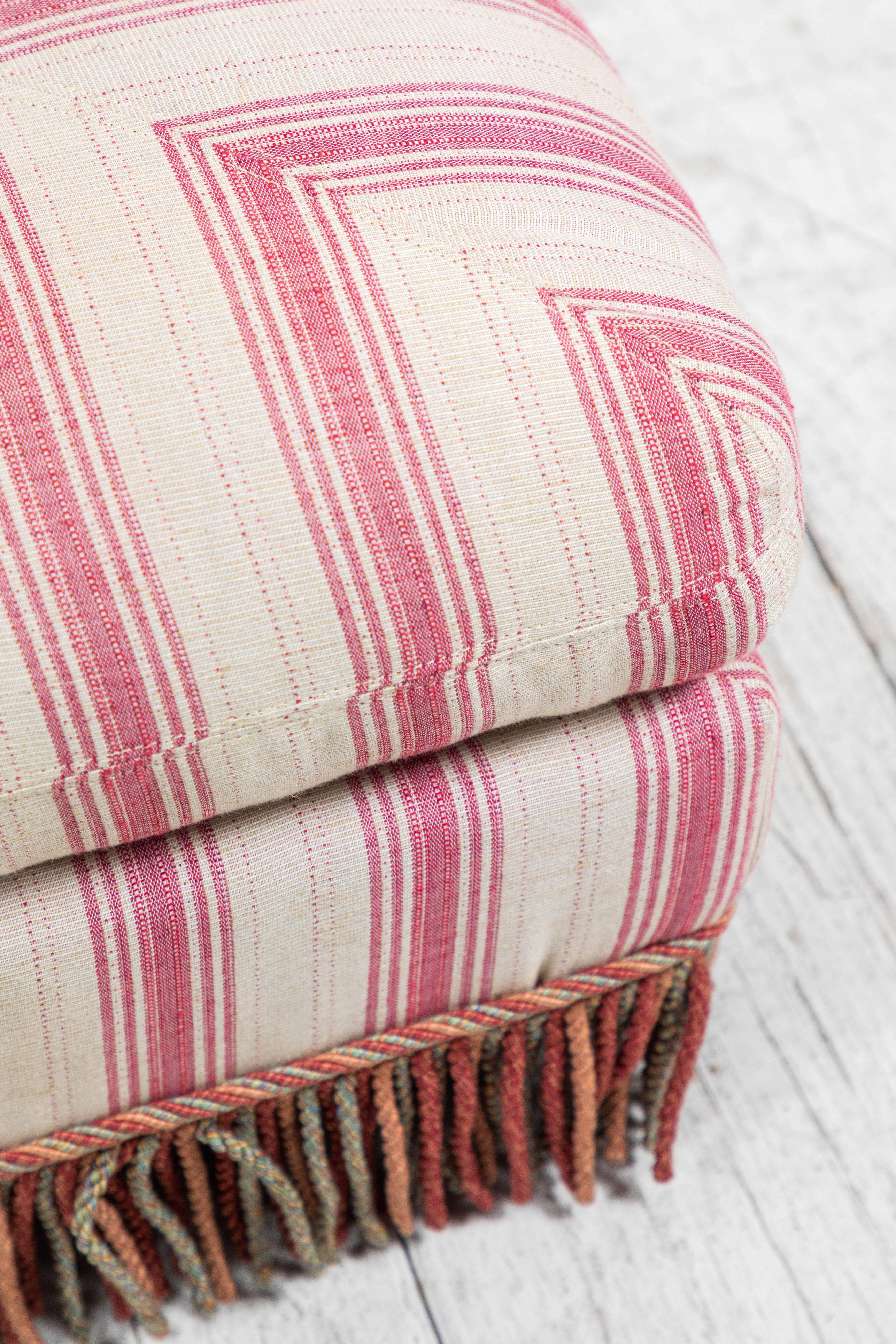 20th Century Pillow Top Ottoman in Pink and Natural Striped Fabric with Fringe