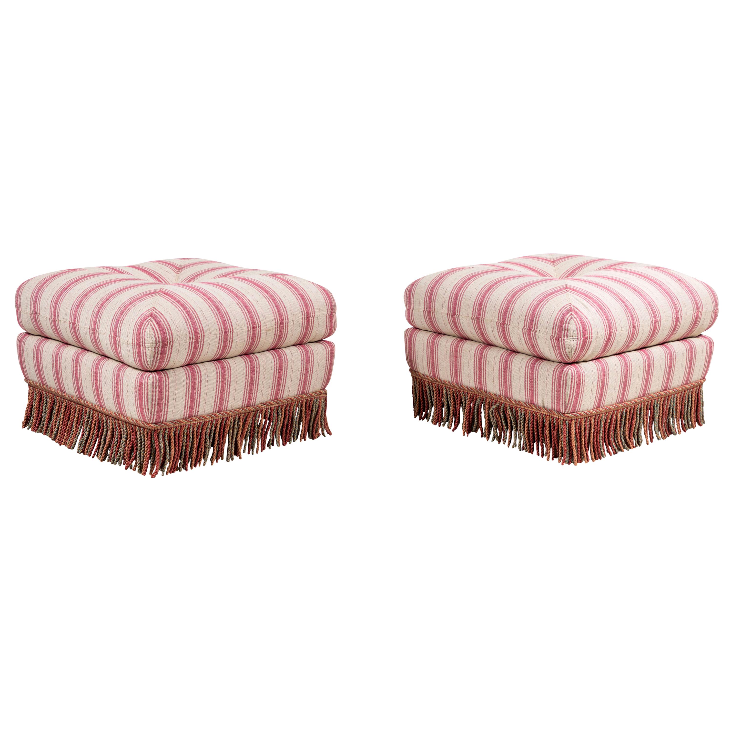 Pillow Top Ottoman in Pink and Natural Striped Fabric with Fringe