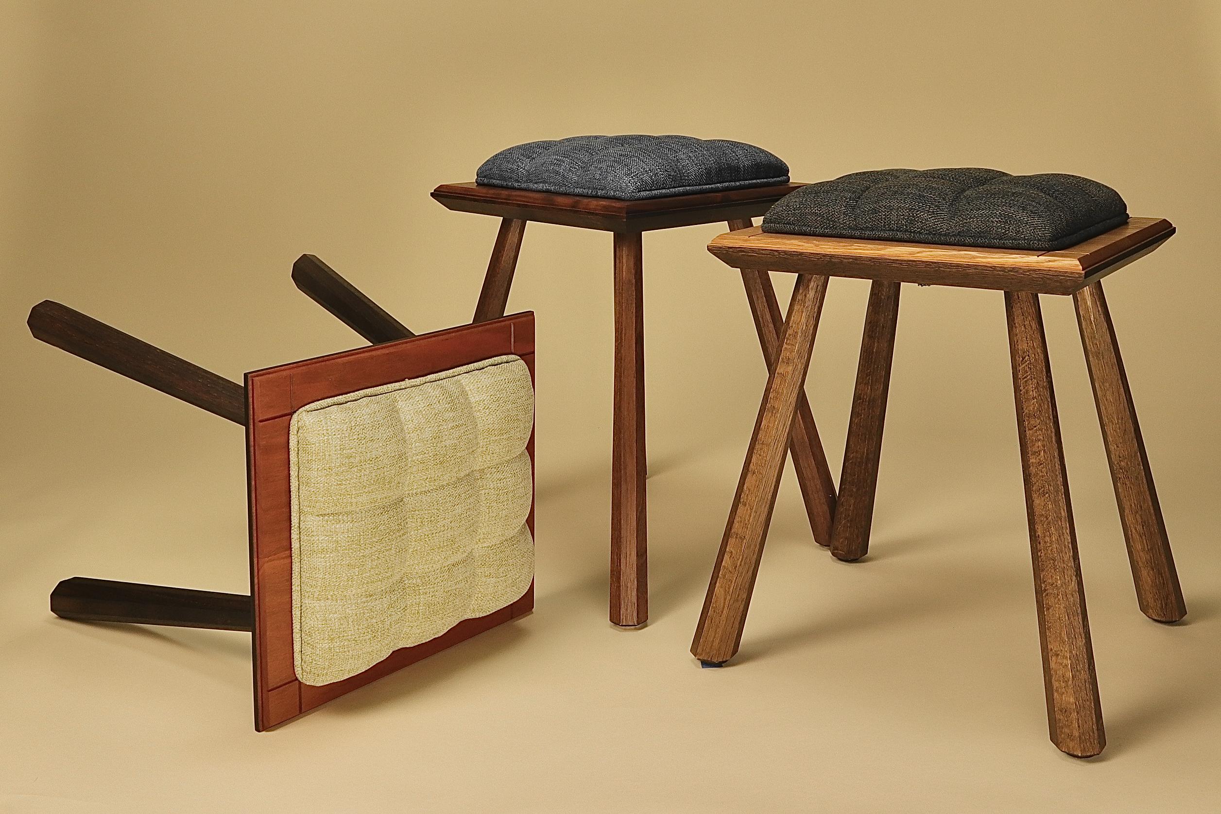 Hand-Crafted Pillow Top Stool in Natural & Ebonized Oak  For Sale