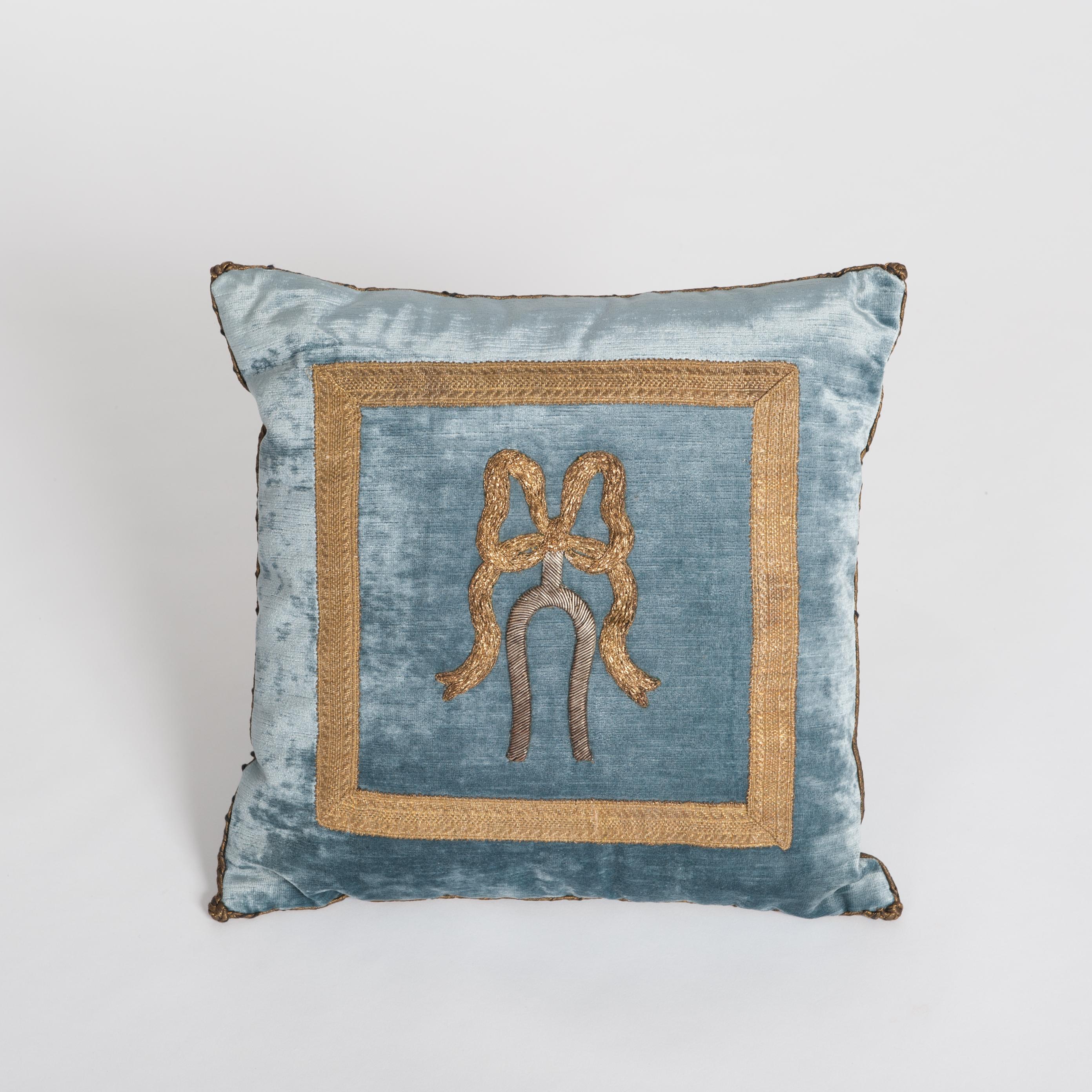 Appliqué Pillow with Antique Silver and Gold Metallic Embroidery on French Blue Velvet