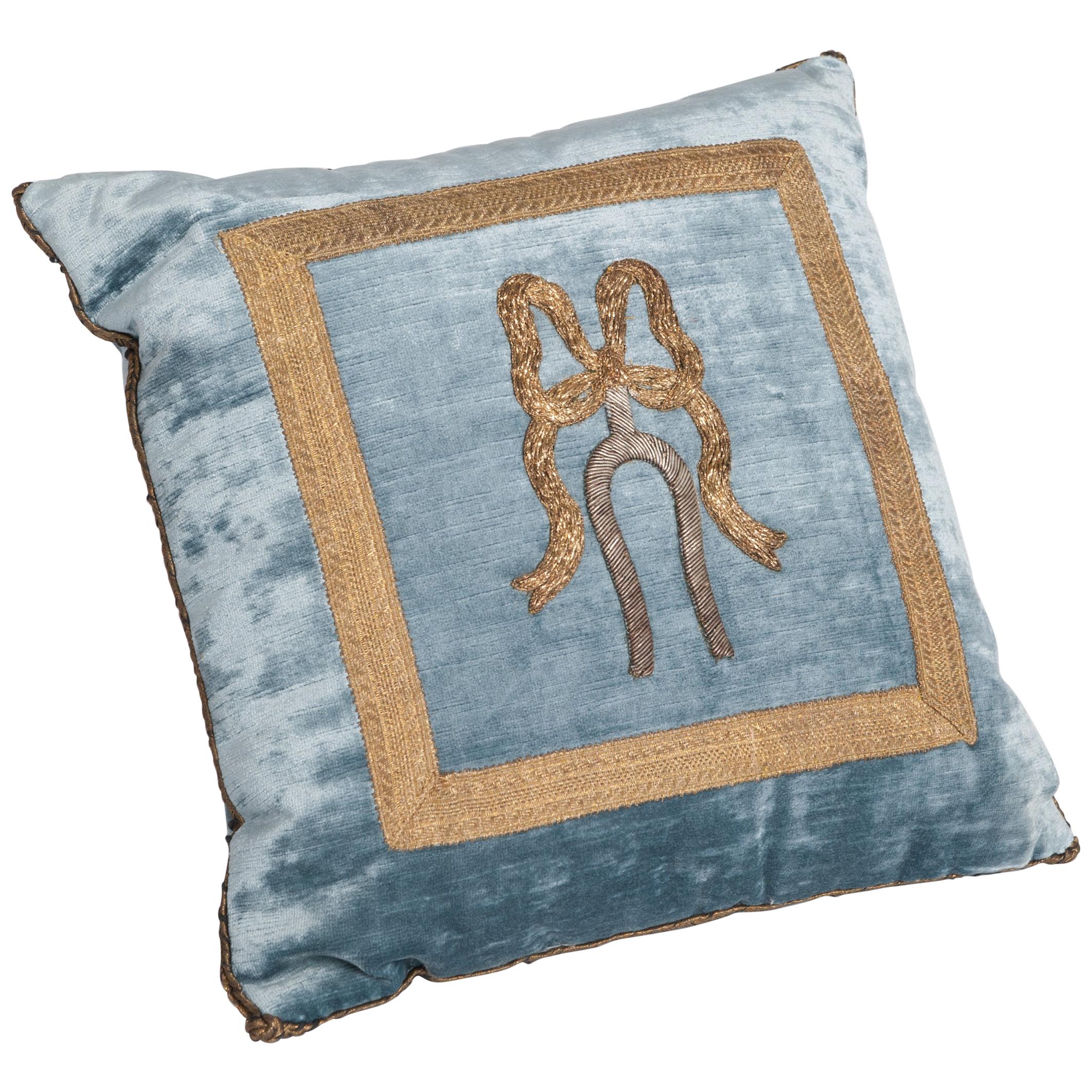 Pillow with Antique Silver and Gold Metallic Embroidery on French Blue Velvet