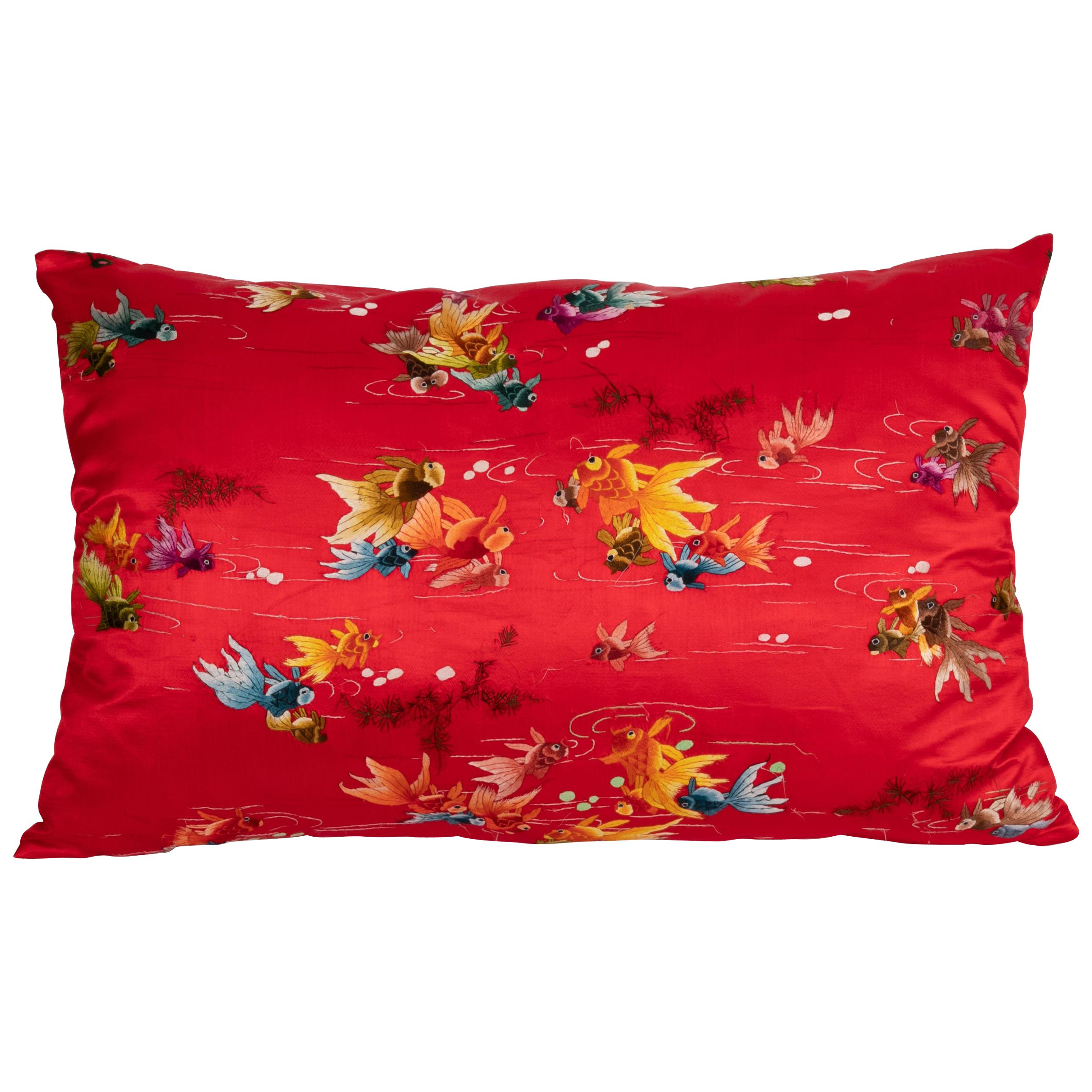 Pillowcase Made from a Vintage Asian Embroidery, Mid-20th Century For Sale