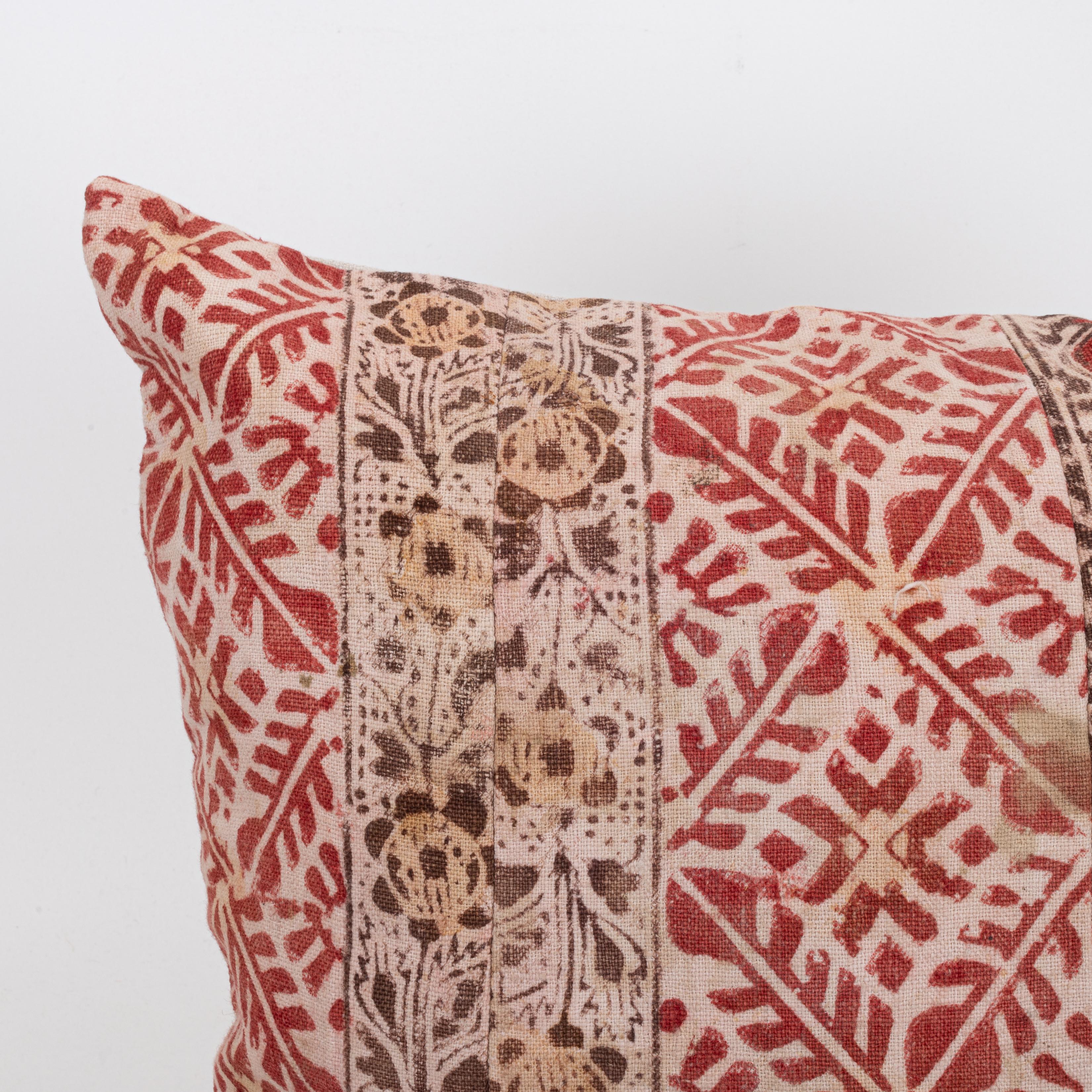 Kalamkari Pillowcase Made from an Early 20th C. Rustic Block Printed Panel For Sale