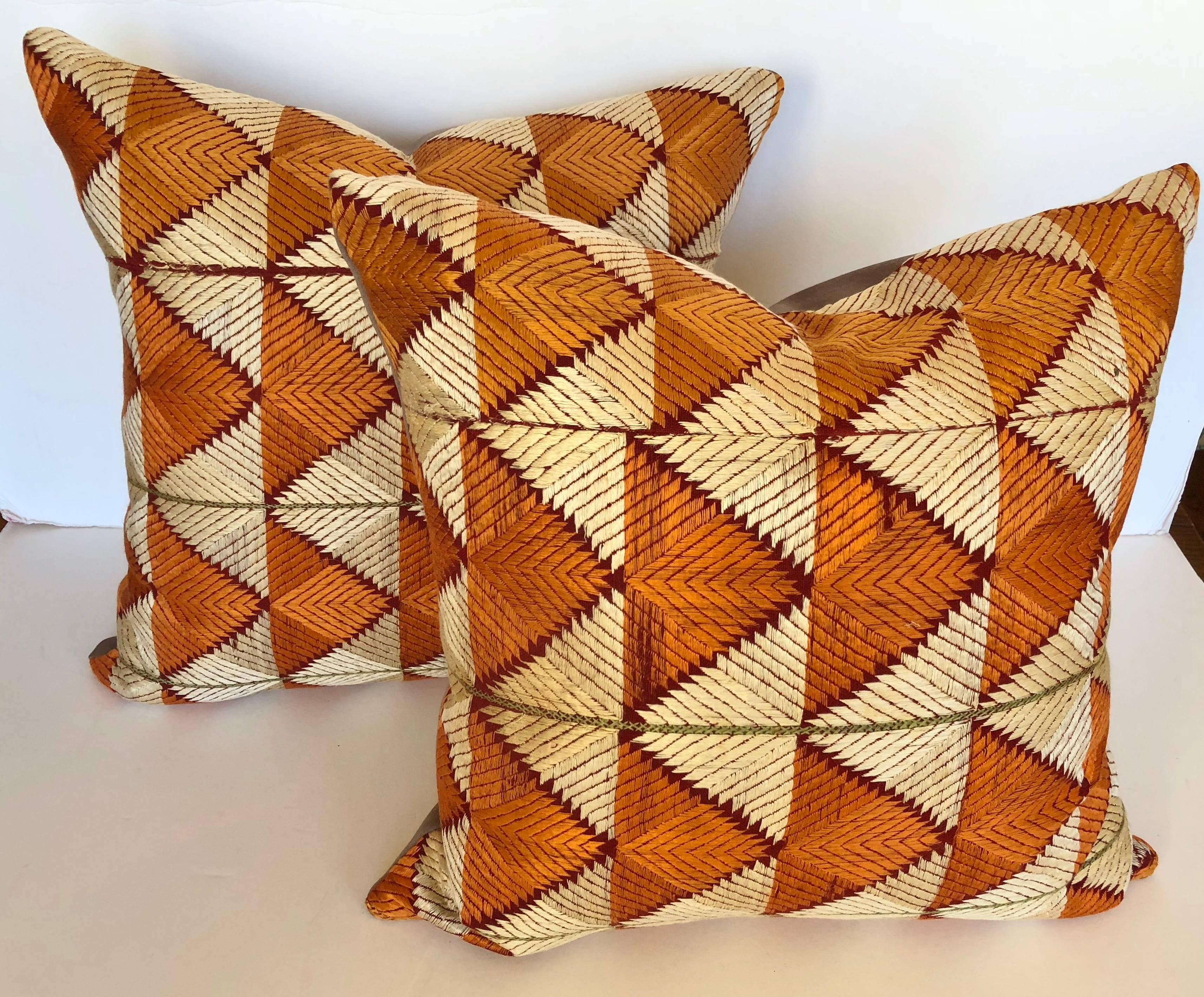 Indian Pillows Cut from a Rare Silk Phulkari Bagh Wedding Shawl, Punjab, India