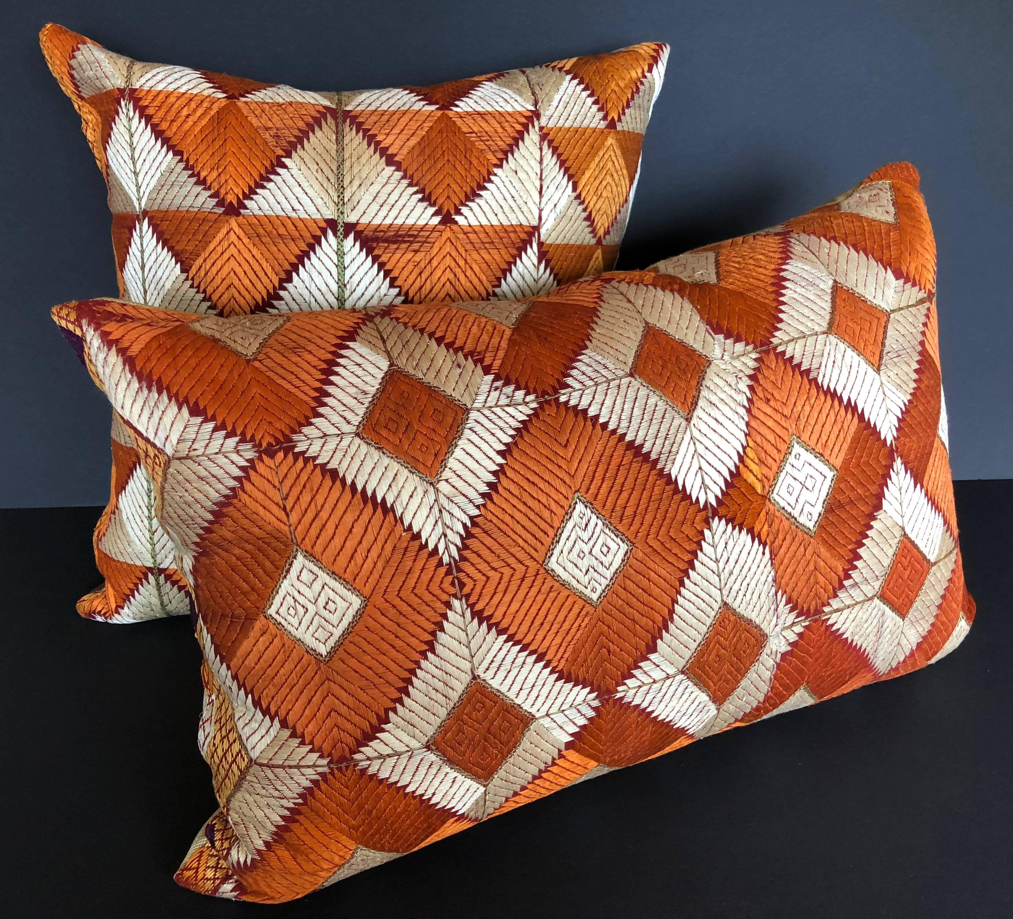 Embroidered Pillows Cut from a Rare Silk Phulkari Bagh Wedding Shawl, Punjab, India