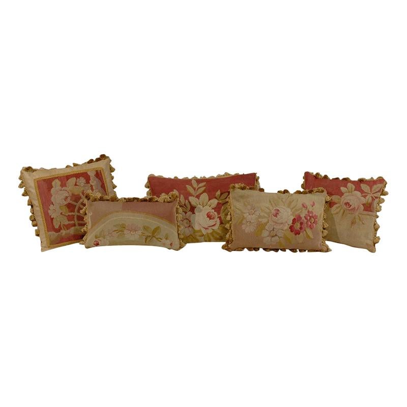 Kissen aus antiken französischen Aubusson-Kissen aus dem 19. Jahrhundert, Gold, Rot, Beige