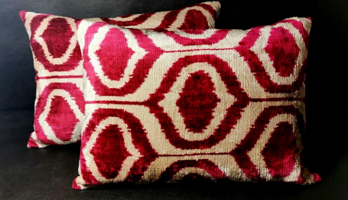 Pillows (set of 2 pieces) handmade in Ikat fabric, the upper side is silk velvet, the back is silk. Unique design. Ikat is a procedure for dyeing yarns, widespread among the Malay and Indonesian peoples. The meaning of the term is “cloud”. The