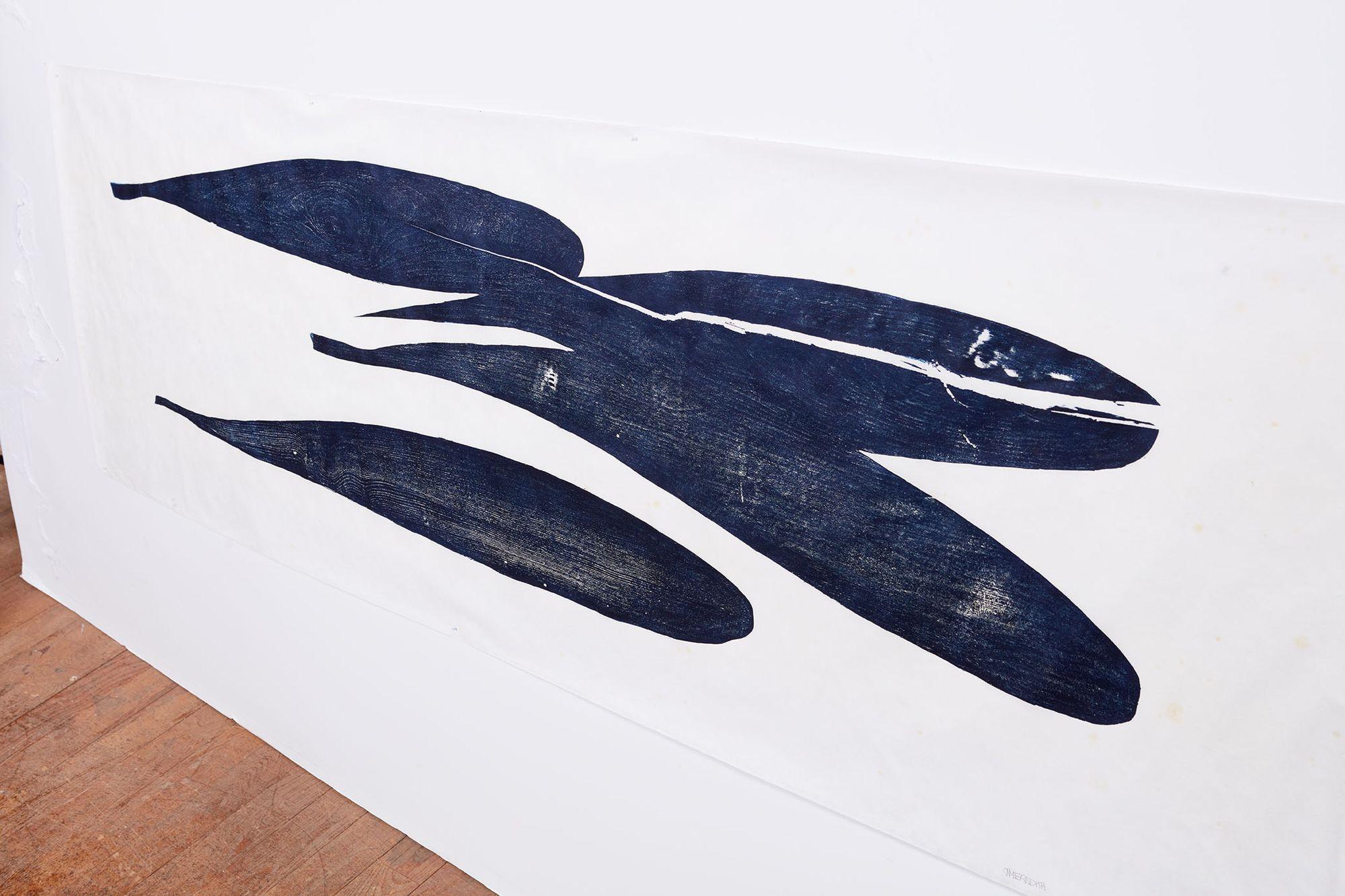 A large woodblock by British artist Julian Meredith, entitled 'pilot pod'. The woodblock is a very limited edition print (17/20) made by the artist on rice paper and colored with indigo ink. Meredith is noted for his beautiful depictions of whales