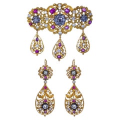 Pin and Pair of Italian Gold Earrings, 19th Century
