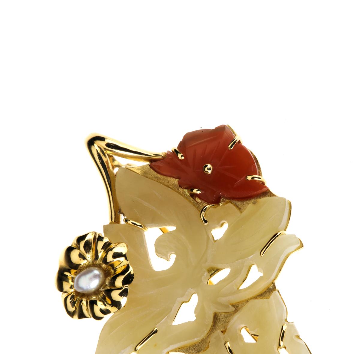 Artisan Pin and Pendant Jade Carnelian Pearls 18 Karat Gold For Sale