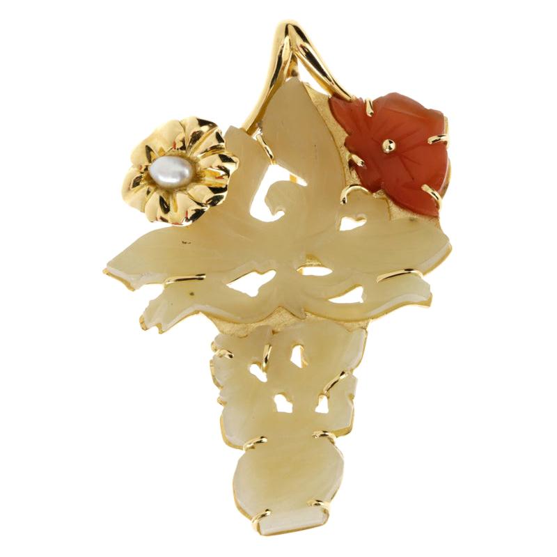 Pin and Pendant Jade Carnelian Pearls 18 Karat Gold