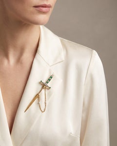 Pin, Antique French 18KT Gold Emerald and Rose Cut Diamond Sword Jabot