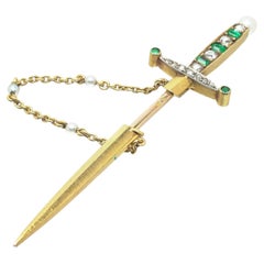 Pin, Antique French 18KT Gold Emerald and Rose Cut Diamond Sword Jabot