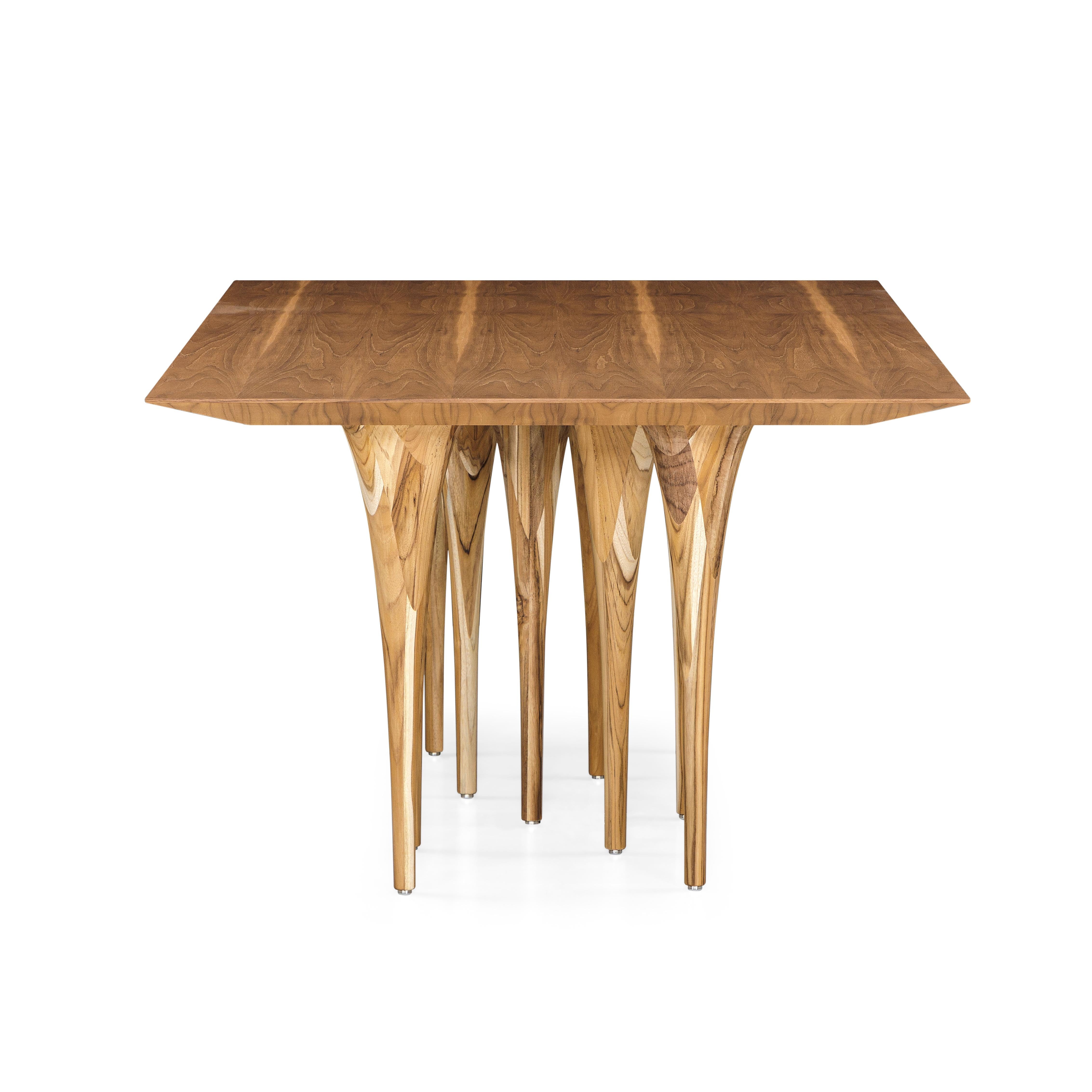 Brazilian Pin Dining Table with a Teak Wood Veneered Table Top and 10 Legs 71'' For Sale