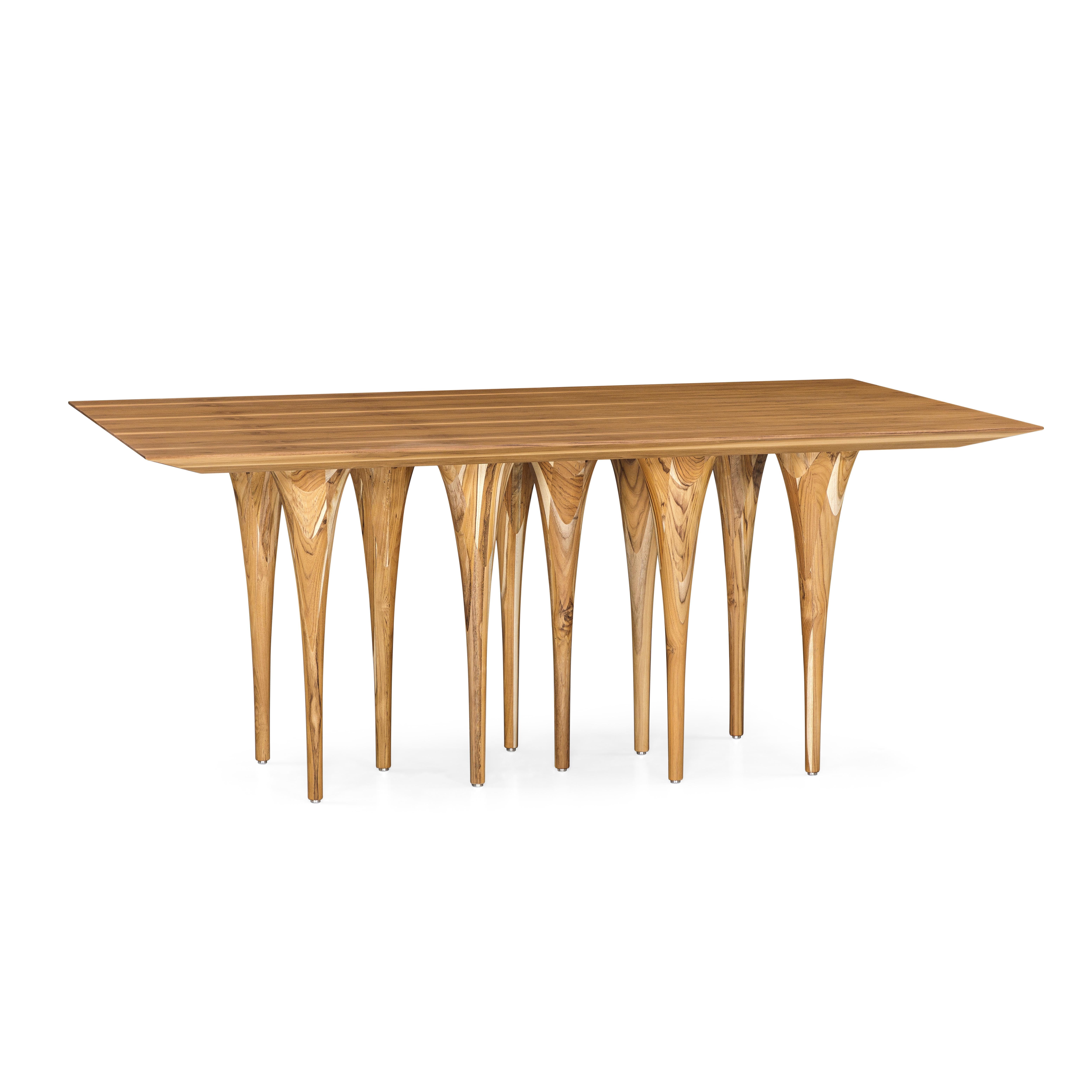 Pin Dining Table with a Teak Wood Veneered Table Top and 10 Legs 71'' In New Condition For Sale In Miami, FL